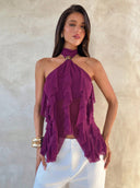Sabrina | Ruffle Halter Top – Sheer Layered Sleeveless Party Blouse