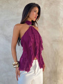 Sabrina | Ruffle Halter Top – Sheer Layered Sleeveless Party Blouse