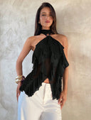Sabrina | Ruffle Halter Top – Sheer Layered Sleeveless Party Blouse