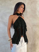 Sabrina | Ruffle Halter Top – Sheer Layered Sleeveless Party Blouse
