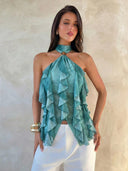 Sabrina | Ruffle Halter Top – Sheer Layered Sleeveless Party Blouse