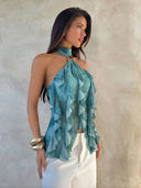 Sabrina | Ruffle Halter Top – Sheer Layered Sleeveless Party Blouse
