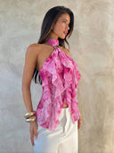 Sabrina | Ruffle Halter Top – Sheer Layered Sleeveless Party Blouse