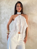 Sabrina | Ruffle Halter Top – Sheer Layered Sleeveless Party Blouse