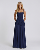 Sela | Ruched Maxi Dress – Evening Square Neck Wide Strap Draped Skirt
