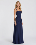 Sela | Ruched Maxi Dress – Evening Square Neck Wide Strap Draped Skirt