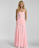 Sela | Ruched Maxi Dress – Evening Square Neck Wide Strap Draped Skirt