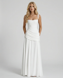Sela | Ruched Maxi Dress – Evening Square Neck Wide Strap Draped Skirt