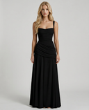 Sela | Ruched Maxi Dress – Evening Square Neck Wide Strap Draped Skirt
