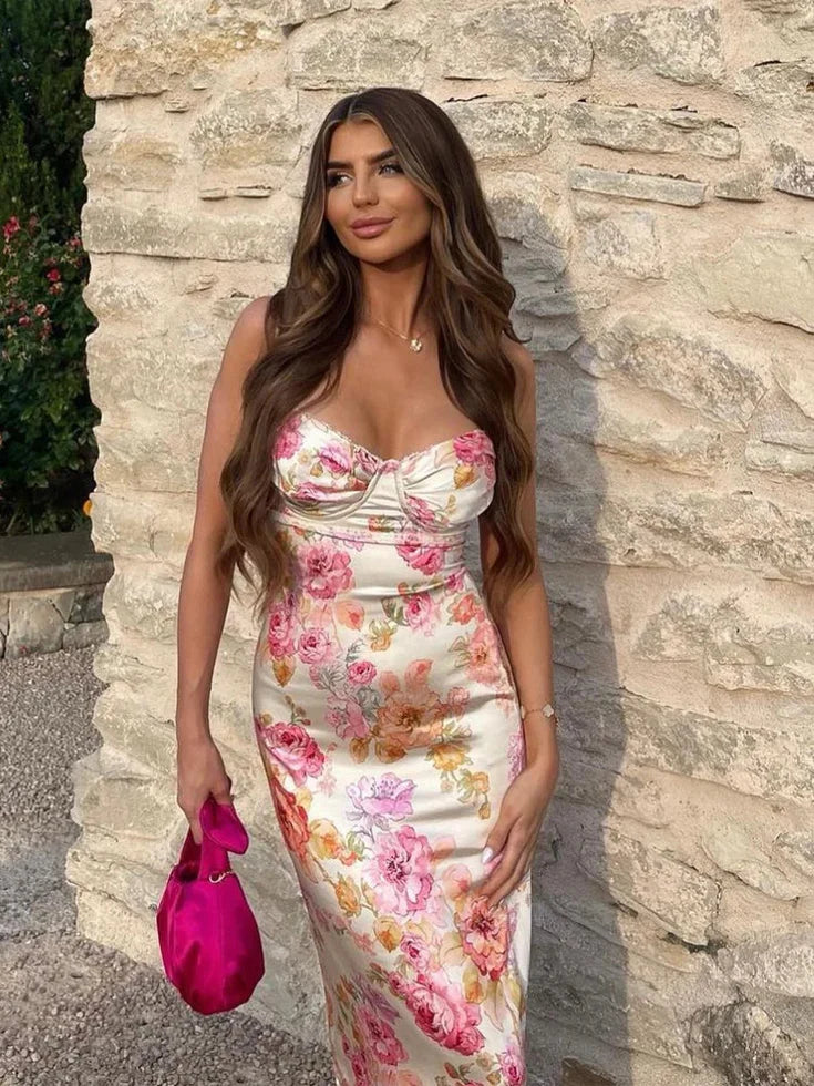 Selah | Floral Satin Maxi Dress – Spaghetti Strap Sweetheart Ruched Wedding Guest