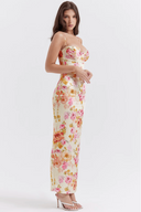 Selah | Floral Satin Maxi Dress – Spaghetti Strap Sweetheart Ruched Wedding Guest