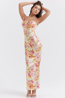 Selah | Floral Satin Maxi Dress – Spaghetti Strap Sweetheart Ruched Wedding Guest
