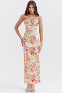 Selah | Floral Satin Maxi Dress – Spaghetti Strap Sweetheart Ruched Wedding Guest