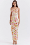 Selah | Floral Satin Maxi Dress – Spaghetti Strap Sweetheart Ruched Wedding Guest
