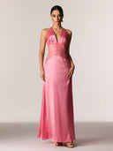 Selene | Halter Neck Lace Waist Maxi – Deep V Satin Formal Evening Summer Dress