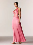 Selene | Halter Neck Lace Waist Maxi – Deep V Satin Formal Evening Summer Dress