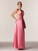 Selene | Halter Neck Lace Waist Maxi – Deep V Satin Formal Evening Summer Dress