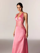 Selene | Halter Neck Lace Waist Maxi – Deep V Satin Formal Evening Summer Dress