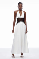 Selene | Halter Neck Lace Waist Maxi – Deep V Satin Formal Evening Summer Dress