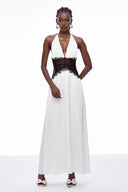 Selene | Halter Neck Lace Waist Maxi – Deep V Satin Formal Evening Summer Dress