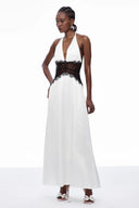 Selene | Halter Neck Lace Waist Maxi – Deep V Satin Formal Evening Summer Dress