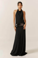 Senna | Halter Cowl Neck Maxi – Sequin Waist Band Open Back Evening Prom Dress