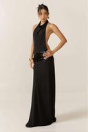 Senna | Halter Cowl Neck Maxi – Sequin Waist Band Open Back Evening Prom Dress
