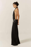 Senna | Halter Cowl Neck Maxi – Sequin Waist Band Open Back Evening Prom Dress