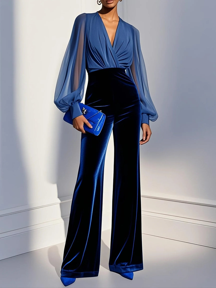 Seraphina | Velvet Jumpsuit – Evening V Neck Sheer Long Sleeve Wide Leg Pants