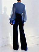 Seraphina | Velvet Jumpsuit – Evening V Neck Sheer Long Sleeve Wide Leg Pants