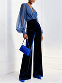 Seraphina | Velvet Jumpsuit – Evening V Neck Sheer Long Sleeve Wide Leg Pants