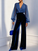 Seraphina | Velvet Jumpsuit – Evening V Neck Sheer Long Sleeve Wide Leg Pants