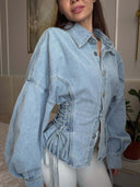 Shania | Lace Up Denim Jacket – Casual Collared Button Front Balloon Sleeve