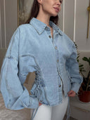 Shania | Lace Up Denim Jacket – Casual Collared Button Front Balloon Sleeve