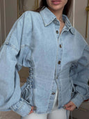 Shania | Lace Up Denim Jacket – Casual Collared Button Front Balloon Sleeve