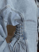 Shania | Lace Up Denim Jacket – Casual Collared Button Front Balloon Sleeve