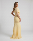 Shelby | Ruched Maxi Dress – Boat Neck Short Sleeve Evening Gown
