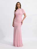 Shelby | Ruched Maxi Dress – Boat Neck Short Sleeve Evening Gown