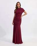 Shelby | Ruched Maxi Dress – Boat Neck Short Sleeve Evening Gown
