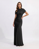 Shelby | Ruched Maxi Dress – Boat Neck Short Sleeve Evening Gown