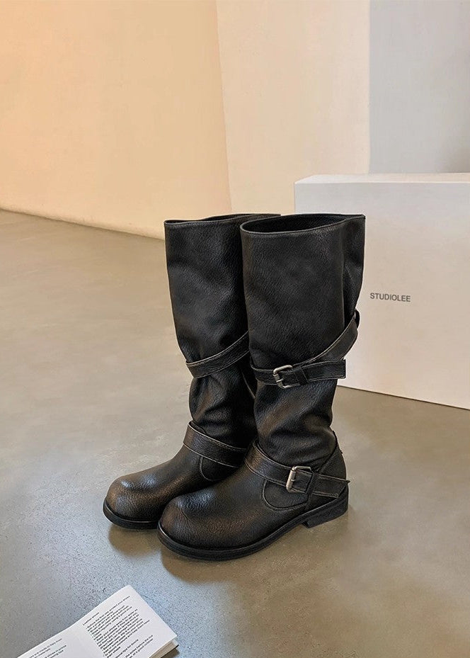 Shoshana | Knee High Biker Boots – Round Toe Double Buckle Strap Low Heel