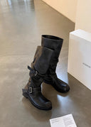 Shoshana | Knee High Biker Boots – Round Toe Double Buckle Strap Low Heel