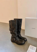 Shoshana | Knee High Biker Boots – Round Toe Double Buckle Strap Low Heel