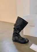 Shoshana | Knee High Biker Boots – Round Toe Double Buckle Strap Low Heel