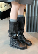 Shoshana | Knee High Biker Boots – Round Toe Double Buckle Strap Low Heel