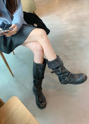 Shoshana | Knee High Biker Boots – Round Toe Double Buckle Strap Low Heel