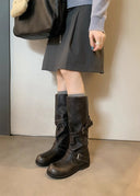 Shoshana | Knee High Biker Boots – Round Toe Double Buckle Strap Low Heel