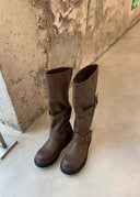 Shoshana | Knee High Biker Boots – Round Toe Double Buckle Strap Low Heel