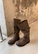 Shoshana | Knee High Biker Boots – Round Toe Double Buckle Strap Low Heel