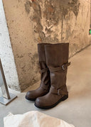 Shoshana | Knee High Biker Boots – Round Toe Double Buckle Strap Low Heel